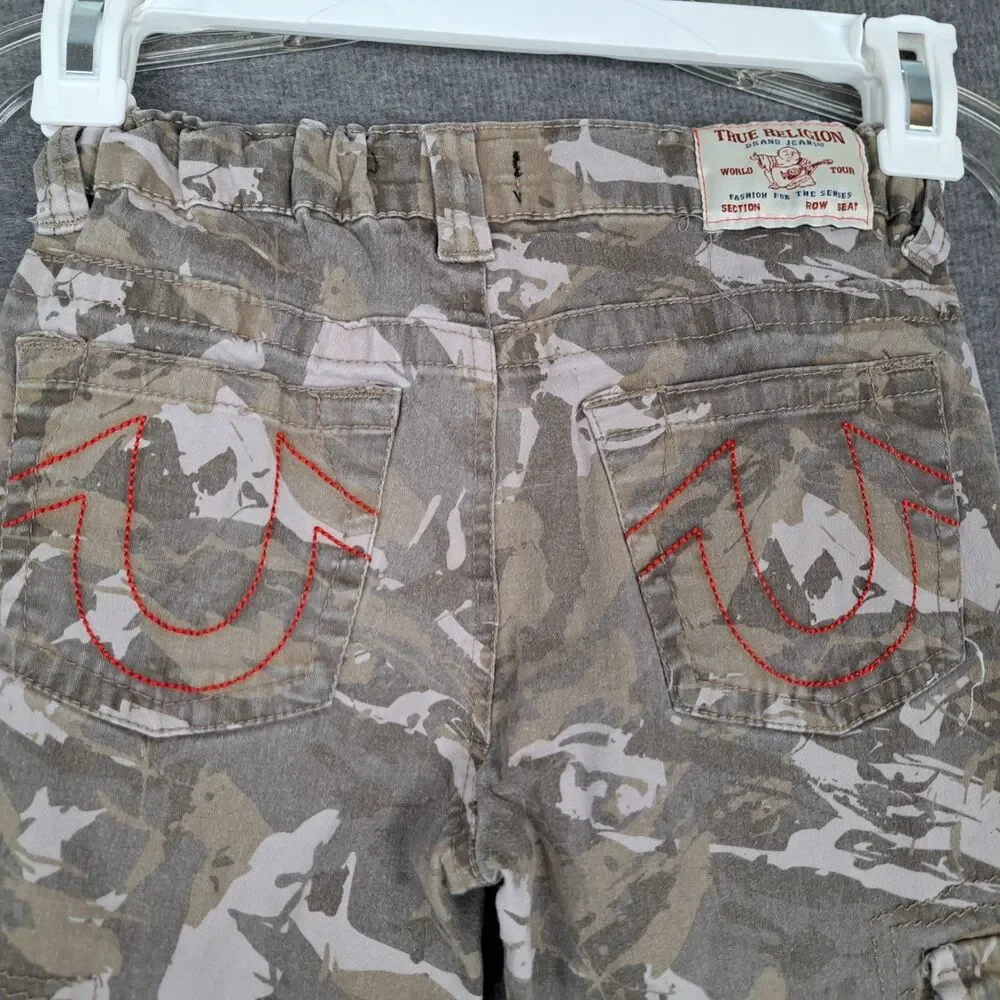 True Religion Boys Camo Cargo Pants in Tan and White with Orange Patch